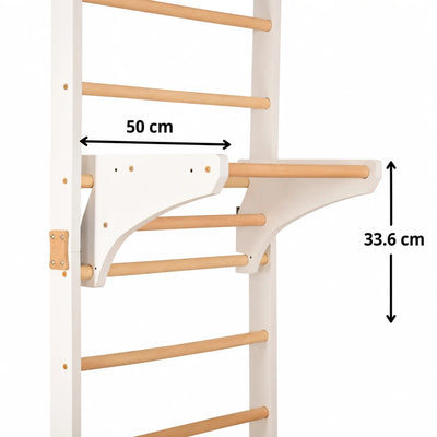 Barra de dominadas desmontable para espaldera: barra de Yarnwood y madera de haya Ø34 mm, blanca, montaje sin taladrar