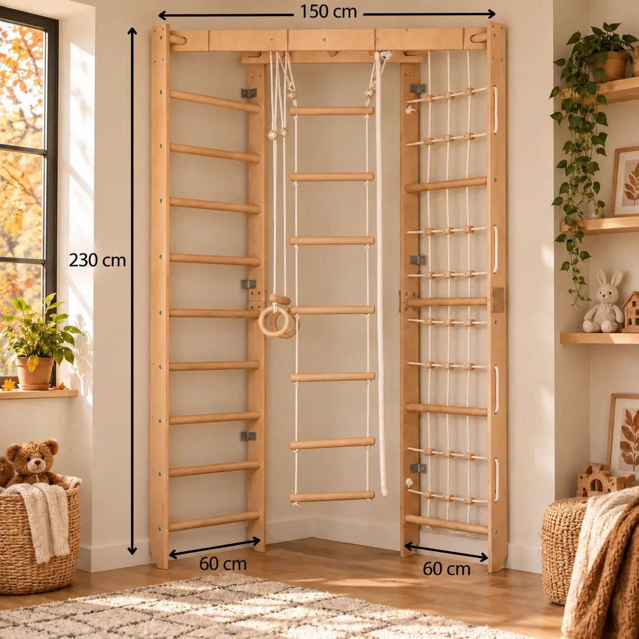 Parque de escalada de interior con espaldera, red de escalada y escalera horizontal: aparato deportivo para toda la familia, cabe en cualquier habitación - SPR Corner Lack