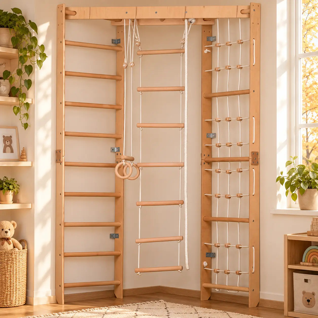 Parque de escalada de interior con espaldera, red de escalada y escalera horizontal: aparato deportivo para toda la familia, cabe en cualquier habitación - SPR Corner Lack