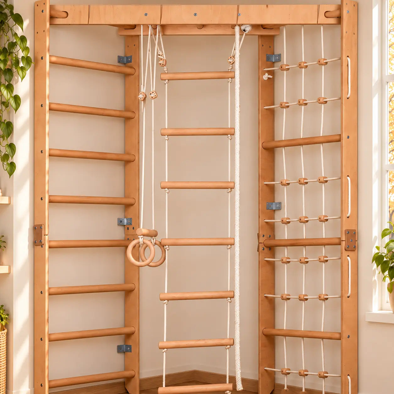 Parque de escalada de interior con espaldera, red de escalada y escalera horizontal: aparato deportivo para toda la familia, cabe en cualquier habitación - SPR Corner Lack